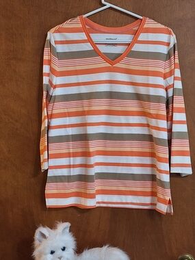 Westbound Orange, Cream & Tan Striped V-Neck Top